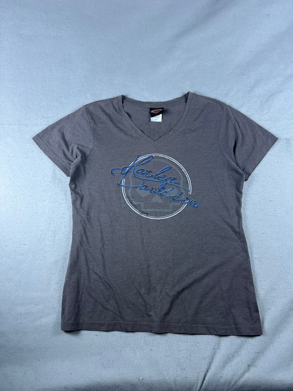Harley Davidson Top Womens XL Gray Short Sleeve V Neck Spellout Graphics Biker